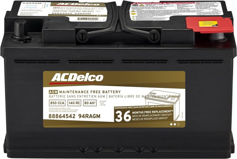 ACDelco Gold 94RAGM Car Battery, 36-Month Warranty, high-performance AGM battery with silver-calcium composition, robust envelope separator, and vent cap design for leak resistance